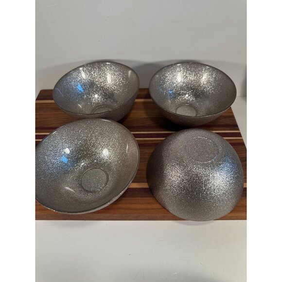 Set of 4 Sparkle Glitter Low Glass Bowls in Graphite Silver. Glittery, textured - Picture 2 of 7